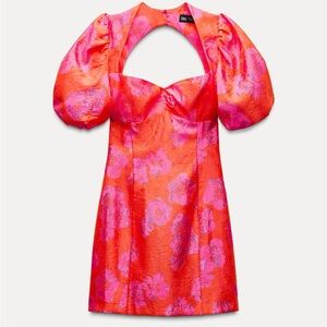 Satin zara puff sleeve mini dress pink and orange floral
